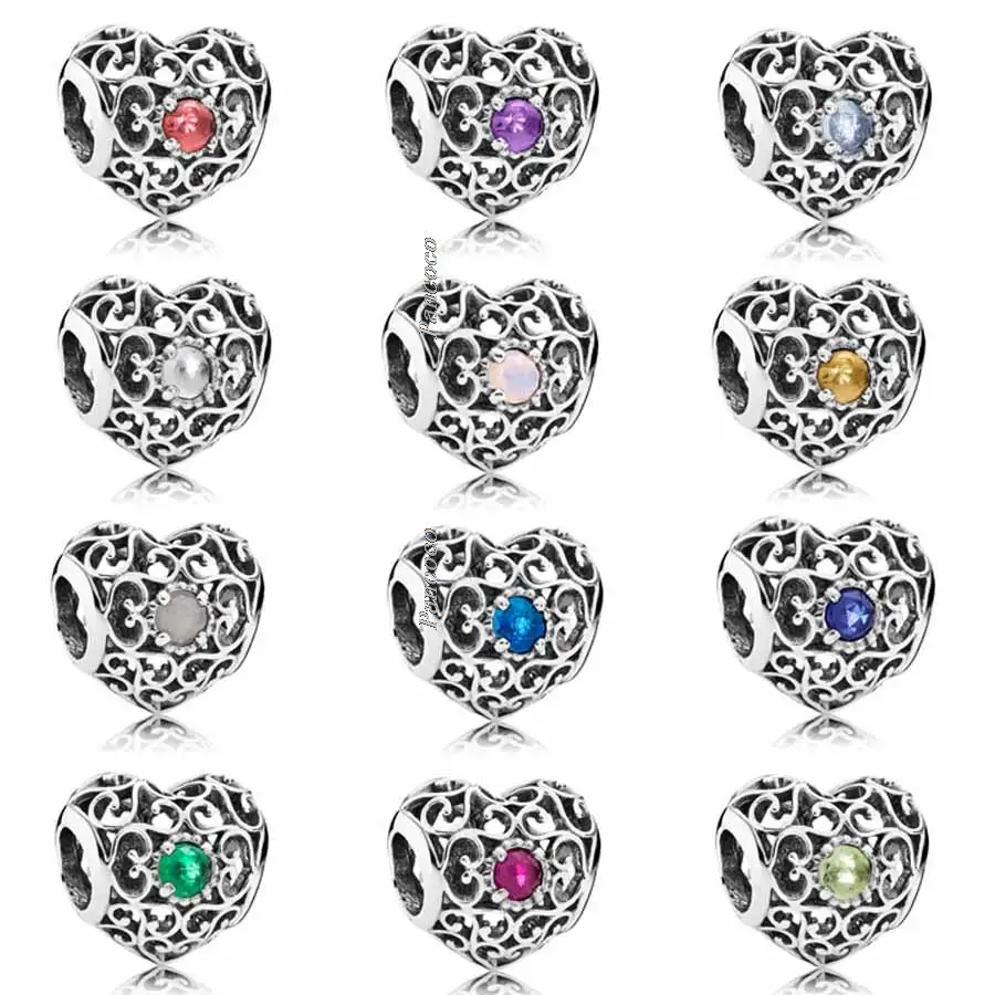 

Authentic 925 Sterling Silver Openwork Month Signature Heart Birthstone Charm Beads Fit Pandora Bracelet & Necklace Jewelry