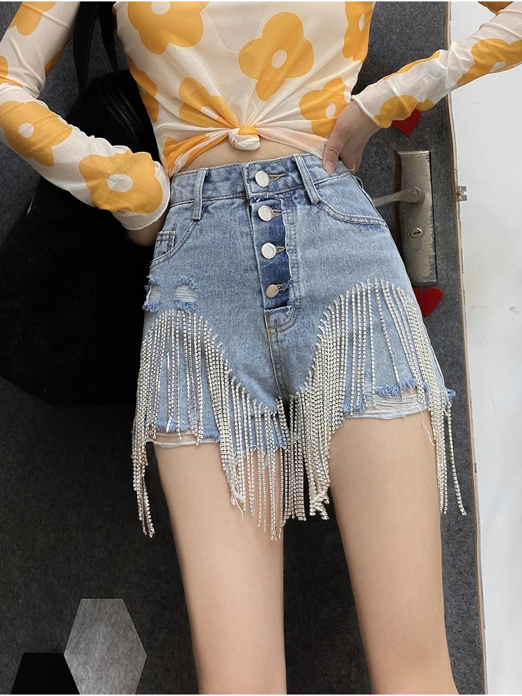 2020 Spring and Summer New Hole High Waist Crystal Tassel Slim Slimming Wide Leg Denim Shorts Women's Hot Short Fashion Harajuku
2020 Spring and Summer New Hole High Waist Crystal Tassel Slim Slimming Wide Leg Denim Shorts Women's Hot Short Fashion Harajuku