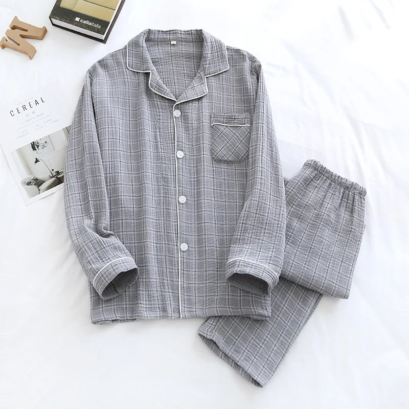 Autumn 100% Cotton Crepe Pajamas Lovers Plaid Home Clothes Plus Size Long Sleeve Sleepwear Fashion Simple Pijamas Women and Men
Autumn 100% Cotton Crepe Pajamas Lovers Plaid Home Clothes Plus Size Long Sleeve Sleepwear Fashion Simple Pijamas Women and Men