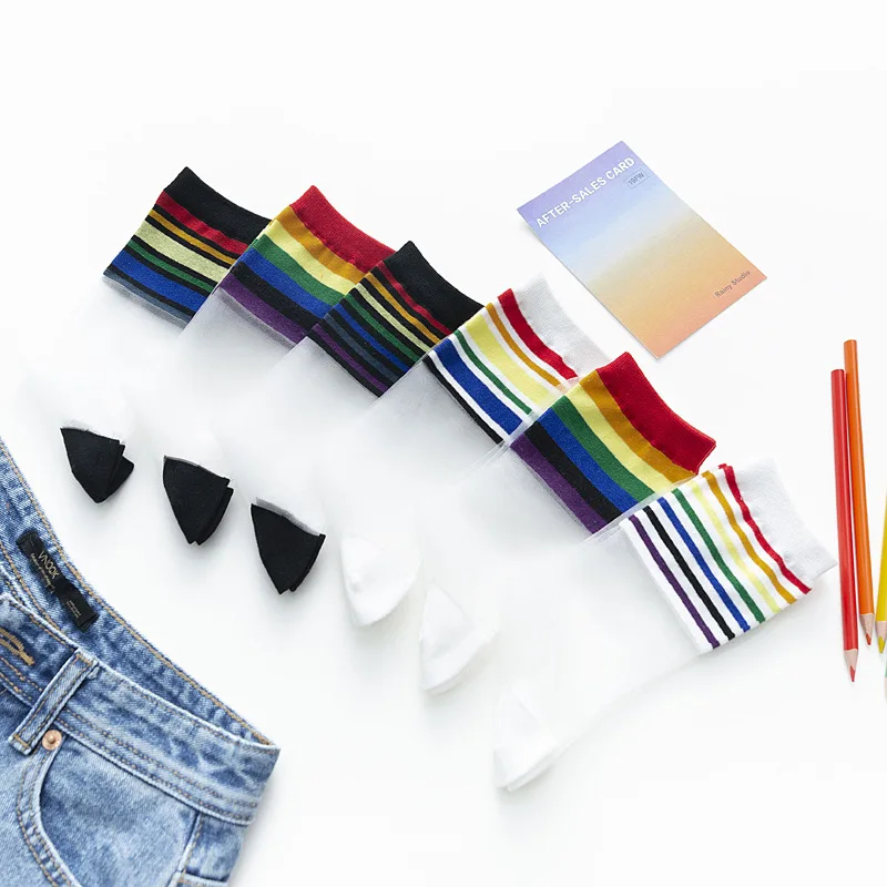 6 Pairs Harajuku Funny Rainbow Striped Glass Silk Socks Women Spring Summer Breathable Thin Transparent Lace Short Socks Woman
6 Pairs Harajuku Funny Rainbow Striped Glass Silk Socks Women Spring Summer Breathable Thin Transparent Lace Short Socks Woman