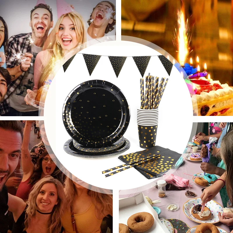 Black gold themed party Birthday party decorations or Baby shower Dinnerware cups plates napkins and tablecloth nice pull flags
Black gold themed party Birthday party decorations or Baby shower Dinnerware cups plates napkins and tablecloth nice pull flags