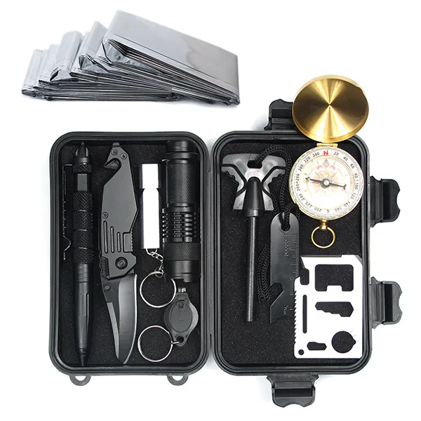 

Survival kit set military outdoor travel mini camping tools aid kit emergency multifunct survive Wristband whistle blanket knife