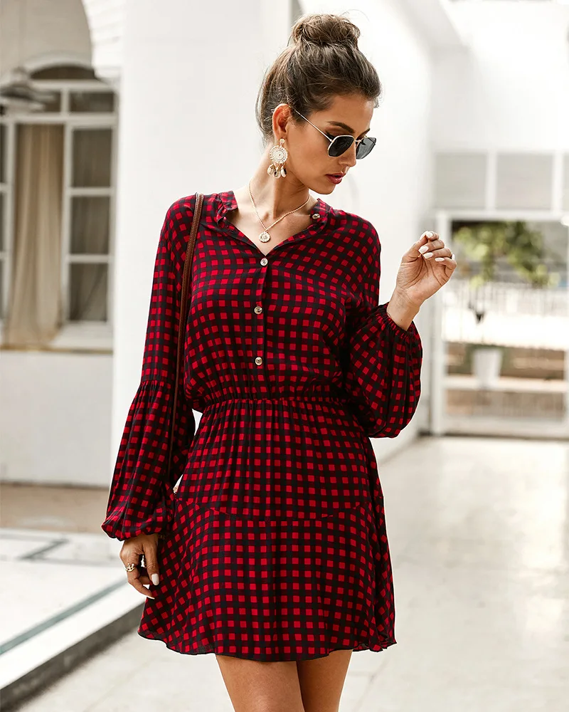 2020 New Casual Fashion Ruffles Plaid Dress Women Temperament Stand Collar Lantern Sleeve Single Breasted Autumn Female Dress
2020 New Casual Fashion Ruffles Plaid Dress Women Temperament Stand Collar Lantern Sleeve Single Breasted Autumn Female Dress
