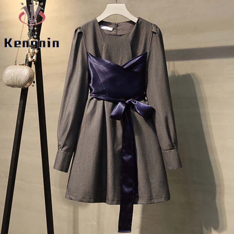 Женское платье-обманка с бантом, большого размера, на осень, KE1671, 2021 
Женское платье-обманка с бантом, большого размера, на осень, KE1671, 2021