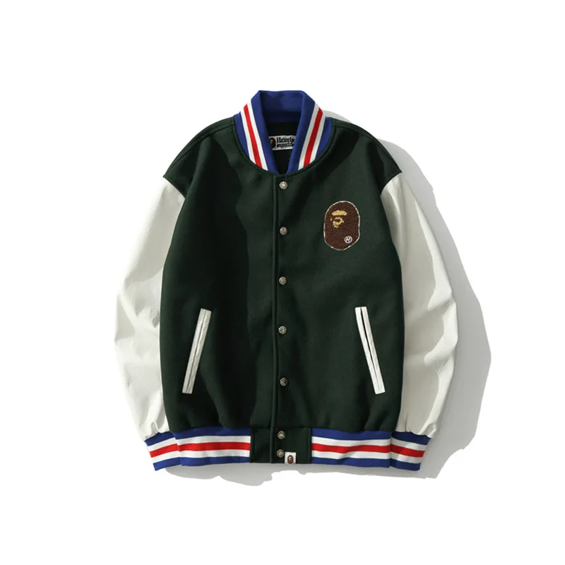 Chao brand ape head embroidered fabric color matching leather sleeve Baseball Jacket for men and women
Chao brand ape head embroidered fabric color matching leather sleeve Baseball Jacket for men and women