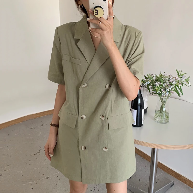 Korejpaa Women Dress 2021 Summer Korean Chic Elegant Light Casual Style Lapel Double-breasted Loose Suit-style Short Dresses 
Korejpaa Women Dress 2021 Summer Korean Chic Elegant Light Casual Style Lapel Double-breasted Loose Suit-style Short Dresses