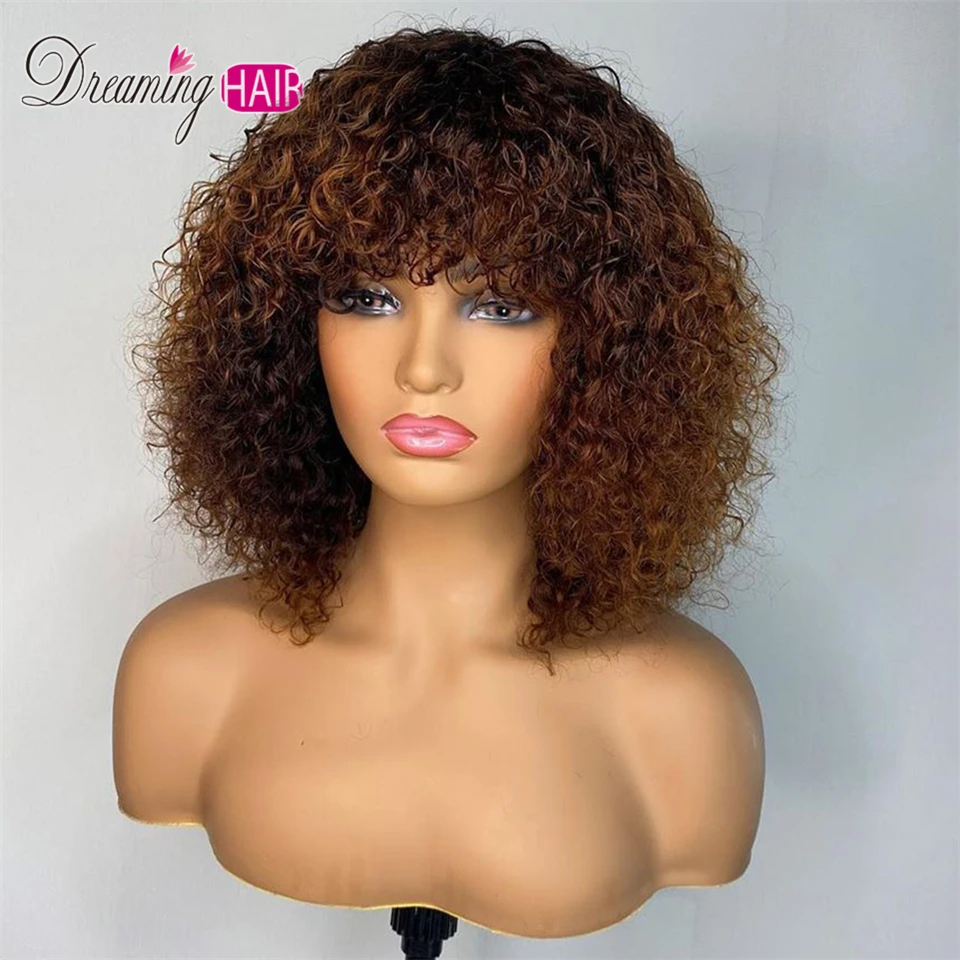 

Jerry Curly Short Pixie Bob Cut Human Hair Wigs With Bang Honey Blonde Ombre Color Non lace front Wig For Black Women Remy Hair