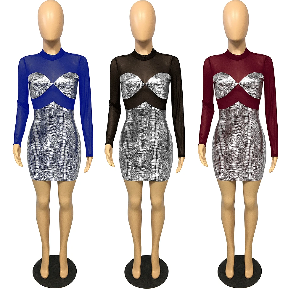 Spring Autumn Sexy Club Women Mesh Bronzing Splicing O-neck Long Sleeves Mini Dresses Party Bodycon Slim Woman wrap hip dress
Spring Autumn Sexy Club Women Mesh Bronzing Splicing O-neck Long Sleeves Mini Dresses Party Bodycon Slim Woman wrap hip dress