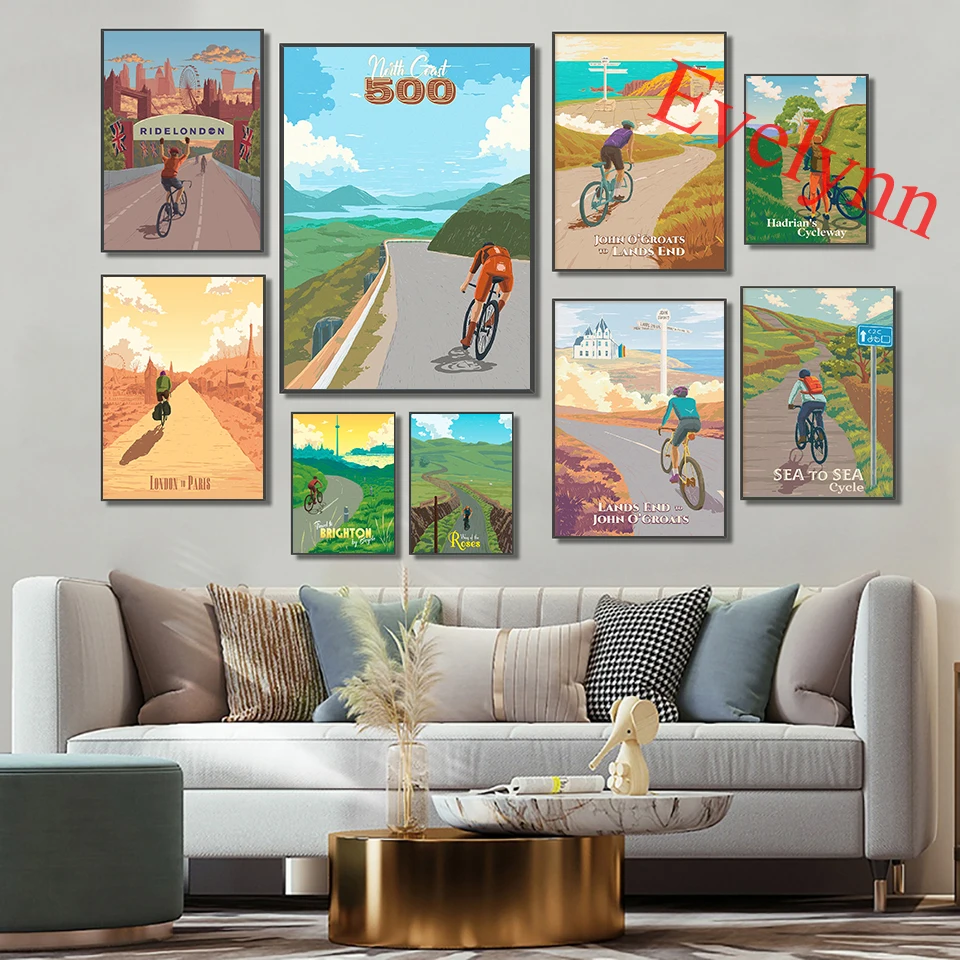 

Cycling Touring Poster,London To Paris Britain Scotland Northumberland National Park,Nordic Living Room Decor Canvas Wall Prints