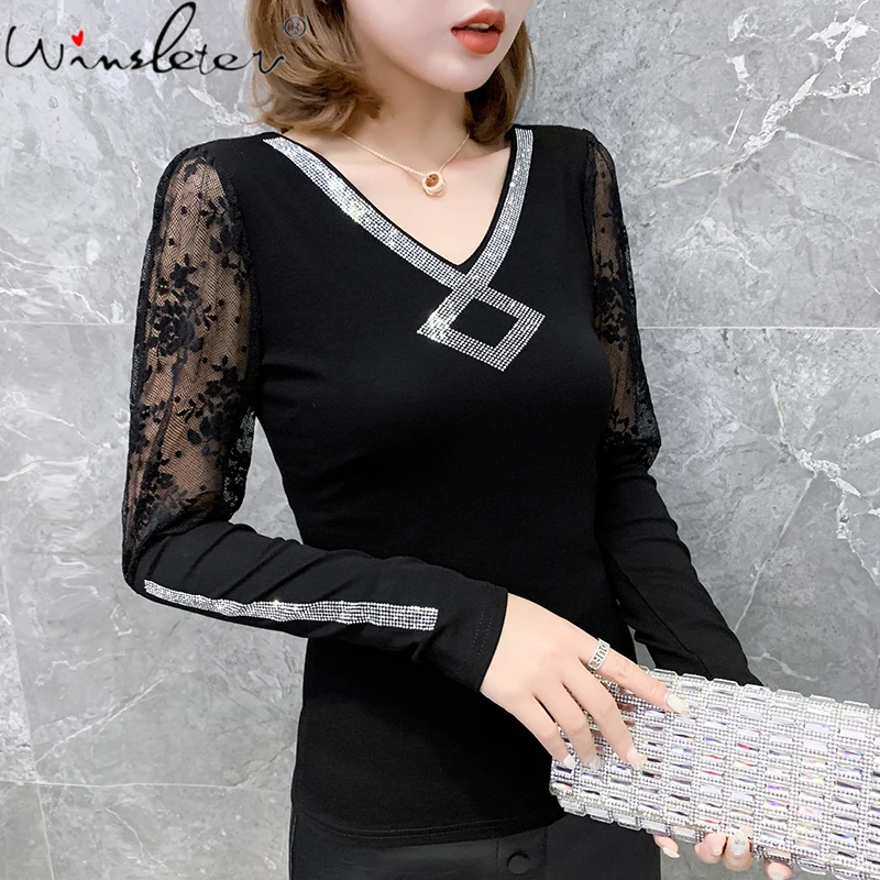 Fall Winter European Style Cotton T-Shirt Fashion Sexy V-Neck Shiny Diamonds Patchwork Lace Long Sleeve Tees Women Tops T19130A
Fall Winter European Style Cotton T-Shirt Fashion Sexy V-Neck Shiny Diamonds Patchwork Lace Long Sleeve Tees Women Tops T19130A