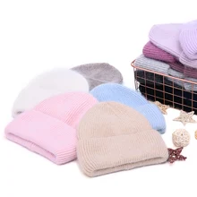 Casual Womens Hat Real Rabbit Fur Beanie Ladies Autumn Winter Cashmere Hats Three Fold Thick Knitted Girls Skullies Beanies Cap