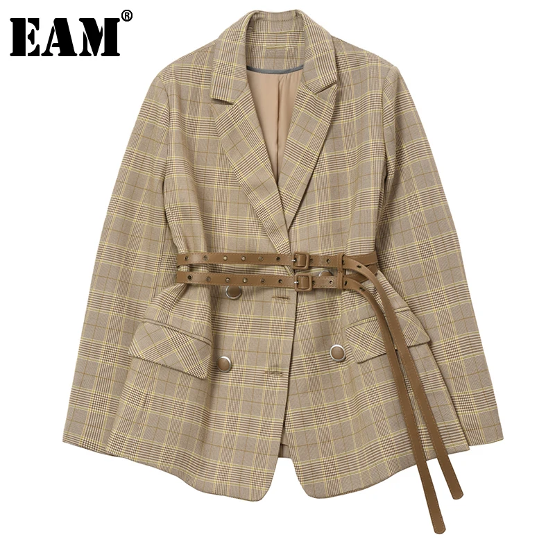 

[EAM] Женский клетчатый пиджак с поясом, с разрезом, новинка, с отворотом, с длинным рукавом, свободный крой, куртка, модная, весна-осень 2022, 1R132