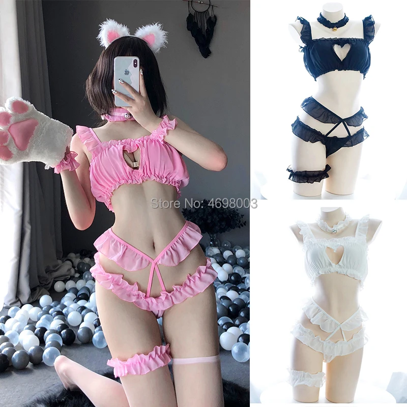 Sexy Cat пирсинг Kawaii Для женщин Нижнее бельё краткий набор с любимыми персонажами из