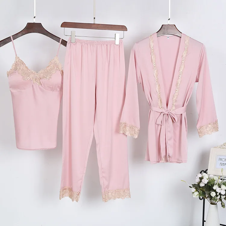 Ladies Sexy Silk Satin Pajama Set Lace Sleepwear Set Fashion Home Clothing V-neck Nightwear Bathrobe+Top+Pant 3 Pieces For Women
Ladies Sexy Silk Satin Pajama Set Lace Sleepwear Set Fashion Home Clothing V-neck Nightwear Bathrobe+Top+Pant 3 Pieces For Women