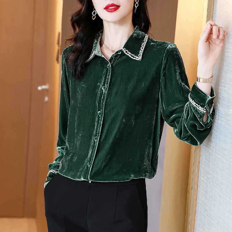 

Spring Fall Women Embroidery Beading Pearls Green Velvet Top Blouse Shirt , Woman Clothes 3xl Korean Style Velour Tops Blouses