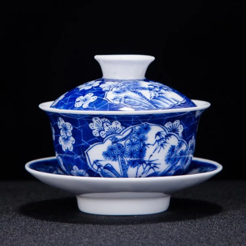 

Керамическая чайная чаша Цзиндэчжэнь, ручная роспись, сине-белая фарфоровая чайная чашка Gaiwan, китайская чашка-хозяин, поделки для чайного н...