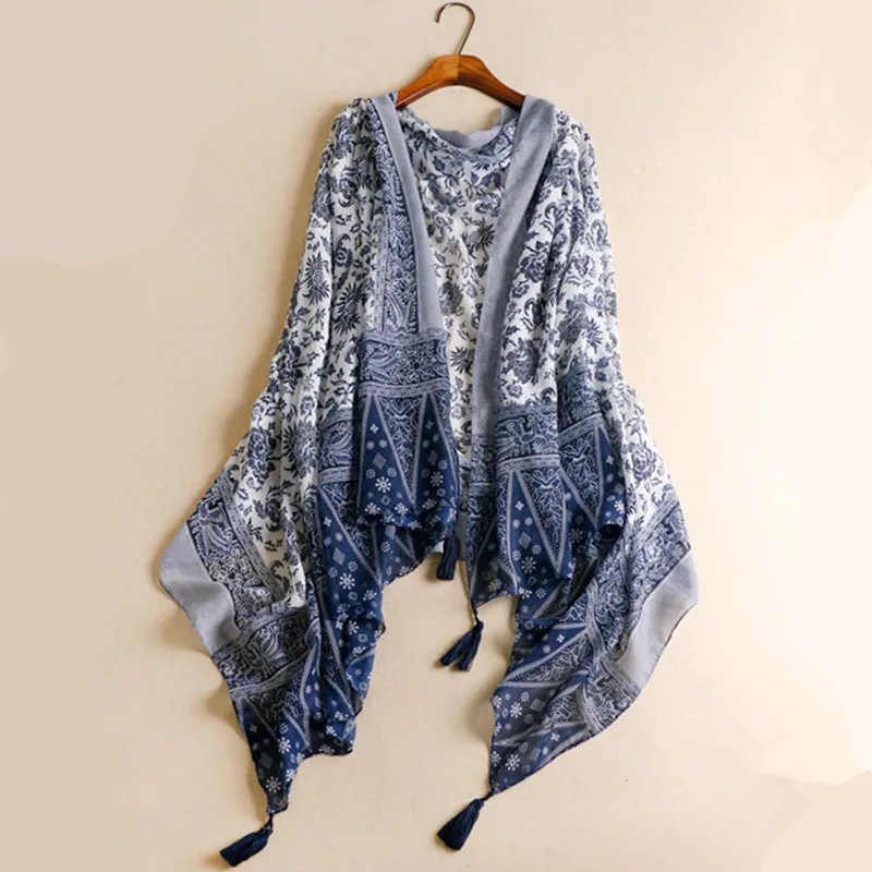 

185*110cm Bohemian Elegant Blue and White Porcelain Sunscreen Shawl Women Scarf Fringed Outdoor Ladies Cotton Linen Scarf