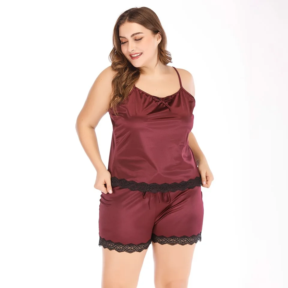 

Summer Large Size Lace 2 Piece Pajama Set Women Burgundy Plus Size Sexy Sleepwear Cute Satin Cami Shorts Ladies Nightwear Pj Set