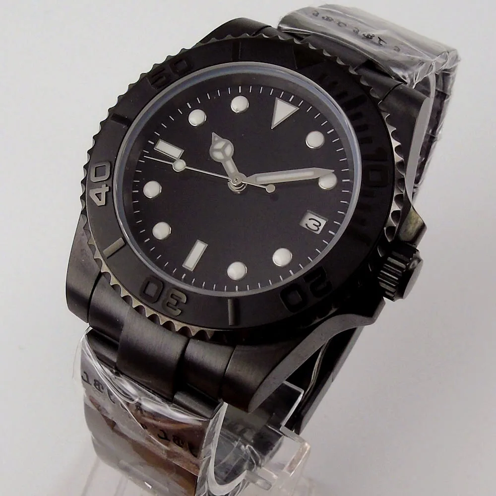 

40mm Sterile Black Dial Luminous PVD Coated Brushed Ceramic Bezel Sapphire Glass NH35 Date Automatic Mens Watch
