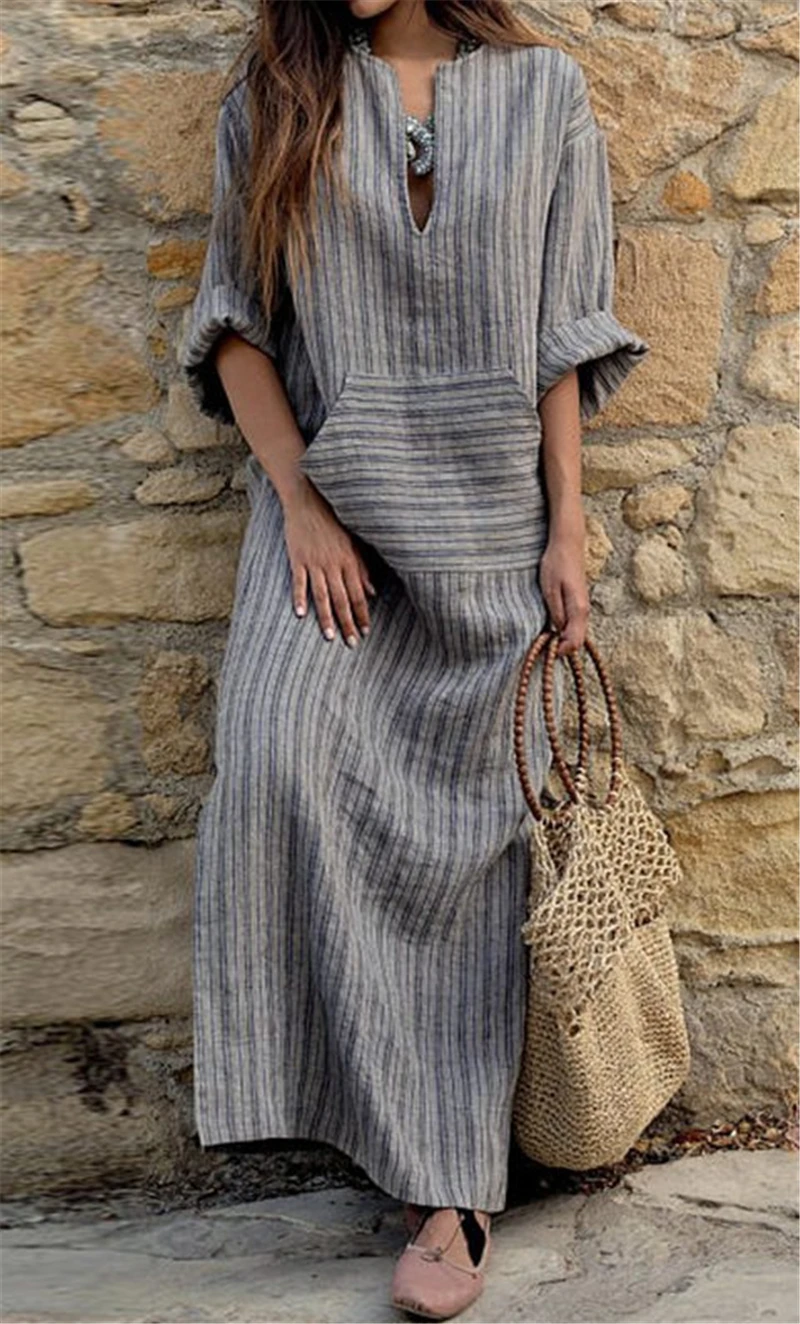 Women's long-sleeved V-neck retro plus size autumn dress striped cotton and linen long skirt
Women's long-sleeved V-neck retro plus size autumn dress striped cotton and linen long skirt