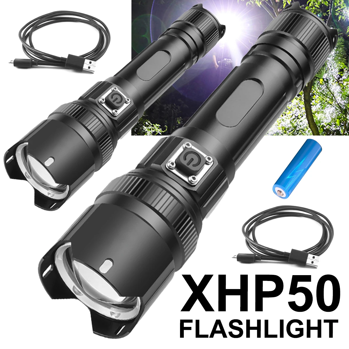 

Rechargeable XHP50 LED Tactical Flashlight 800-1000 Lumens Zoomable Torch Waterproof Camping Emergency Searchlight Flashlight