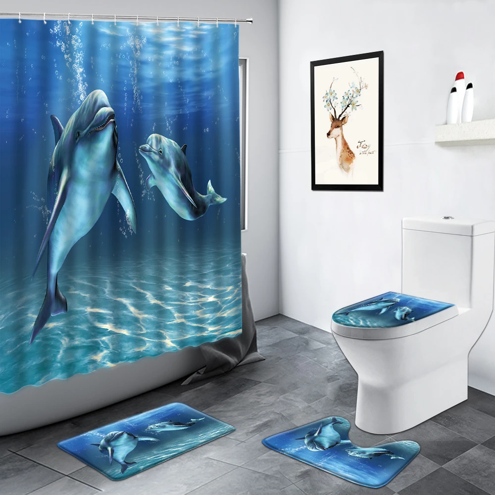 

Undersea Landscape Dolphin Shower Curtain Fish Sea Turtle Ocean Animals Scenery Bathroom Rug Non-slip Bath Mats Toilet Decor Set