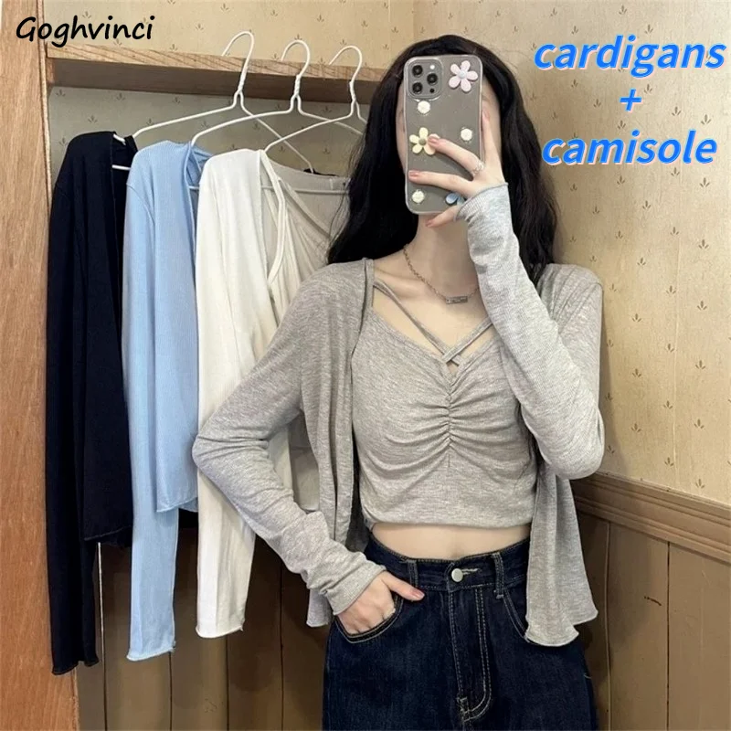 

Sets Women Solid Criss-cross Cropped Camisole Long Sleeve Cardigans 2 Pieces All-match Autumn Ulzzang Streetwear Sexy Outfit New