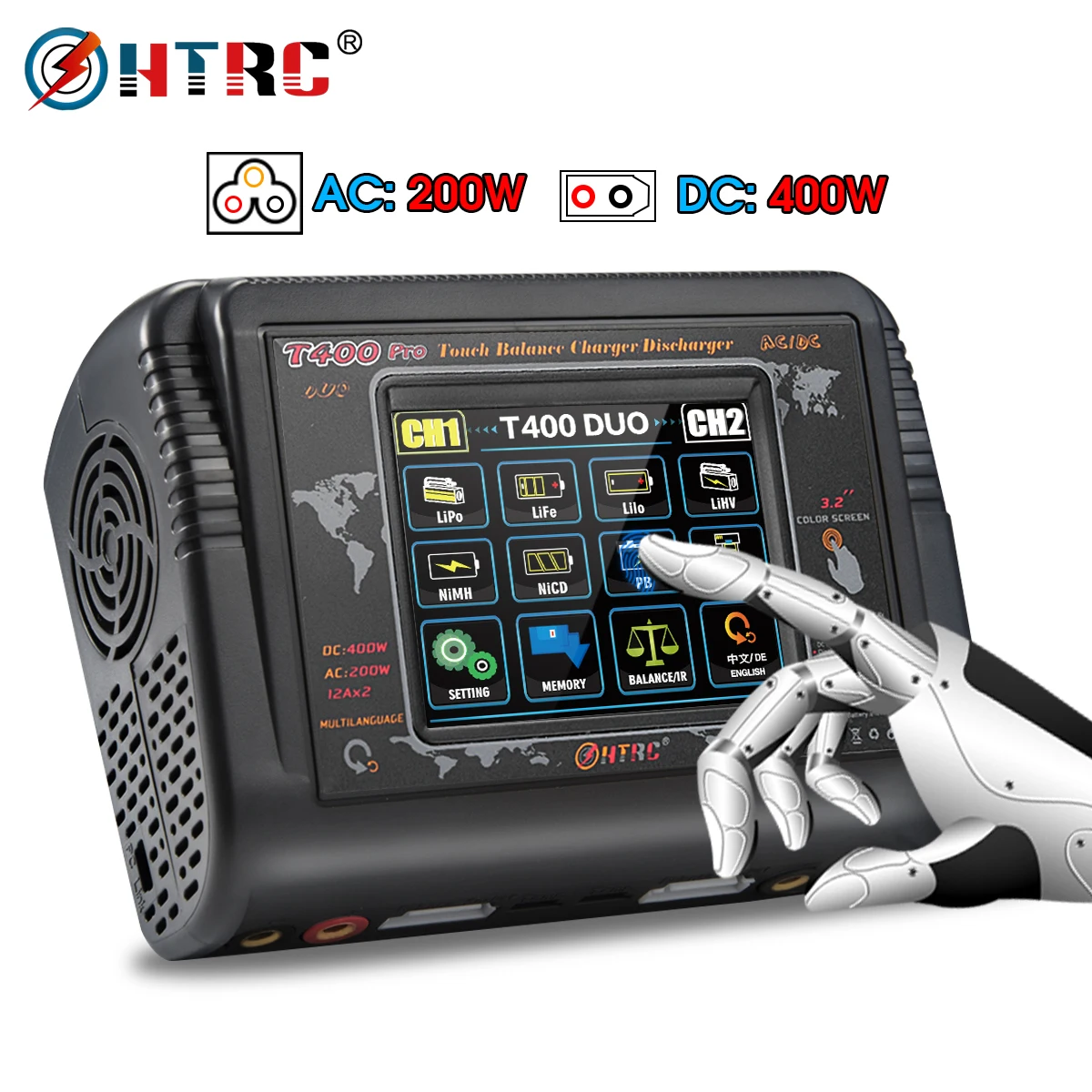 Высокоточное зарядное устройство HTRC T400 RC AC200W DC400W 12A Lipo для LiHV LiFe Lilon NiCd NiMhPb Smart