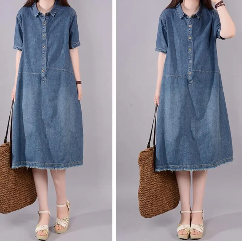 Women Blue Denim Dress Summer 2020 Casual Loose Lapel Short Sleeve Elegant Knee Length Dress Femme Solid Korean Jeans Dresses
Women Blue Denim Dress Summer 2020 Casual Loose Lapel Short Sleeve Elegant Knee Length Dress Femme Solid Korean Jeans Dresses