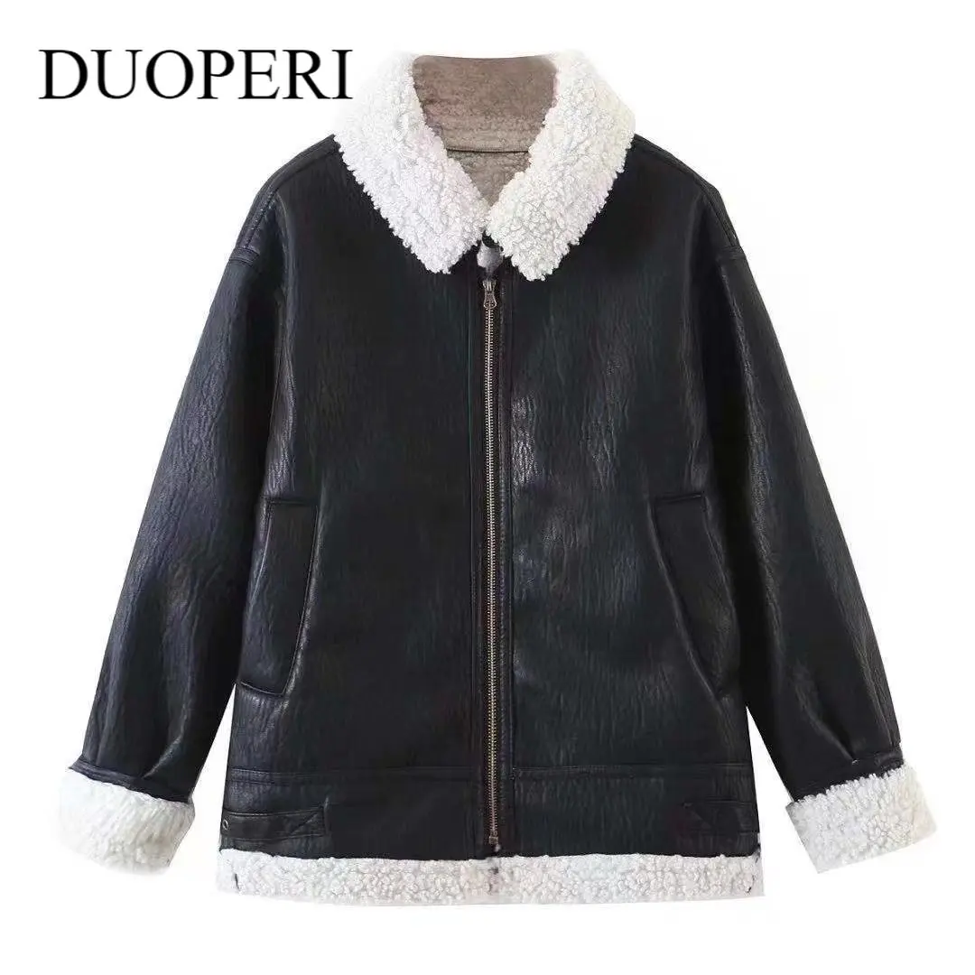 DUOPERI Winter Women Fashion Faux Leather Double-faced Jacket Long Sleeves Shearling Lapel Collar Female Warm Chic Outfit Coat
DUOPERI Winter Women Fashion Faux Leather Double-faced Jacket Long Sleeves Shearling Lapel Collar Female Warm Chic Outfit Coat