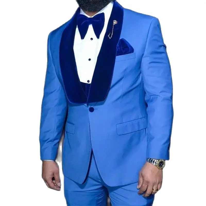 

Лидер продаж 2022, королевский синий смокинг для жениха с бархатной шалью и лацканами, свадебная модная деловая одежда из 2 предметов для выпу...