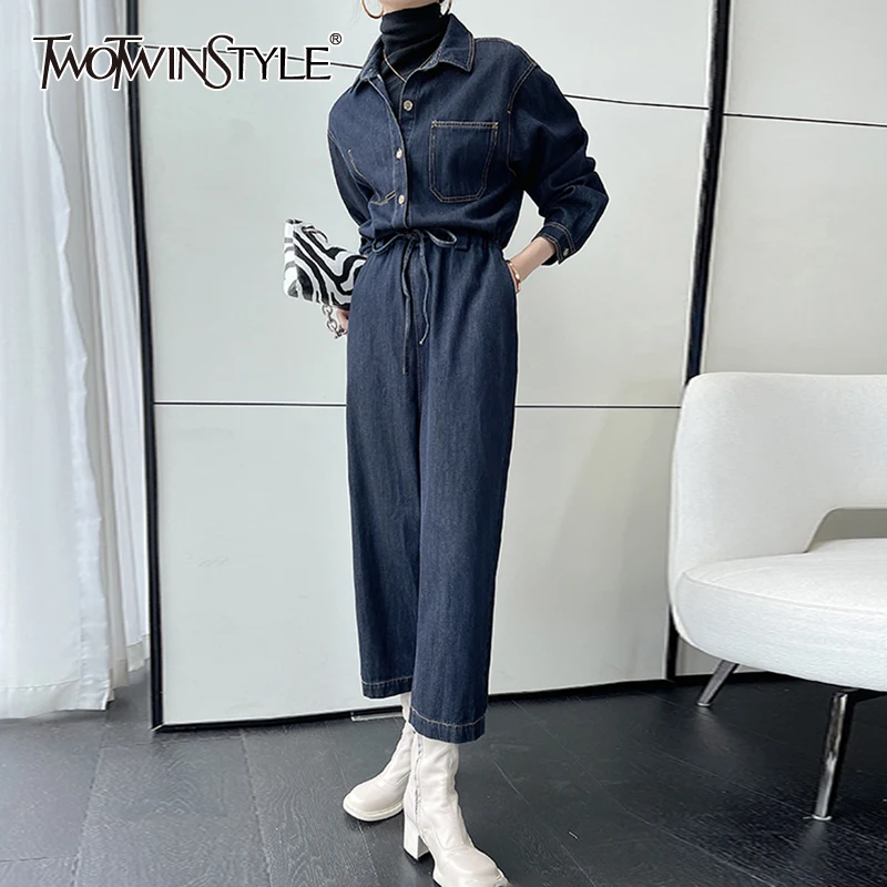 TWOTWINSTYLE Casual Denim Jumpsuits For Female Lapel Collar Long Sleeve High Waist Slimming Women's Casual Jumpsuits Fashion
TWOTWINSTYLE Casual Denim Jumpsuits For Female Lapel Collar Long Sleeve High Waist Slimming Women's Casual Jumpsuits Fashion