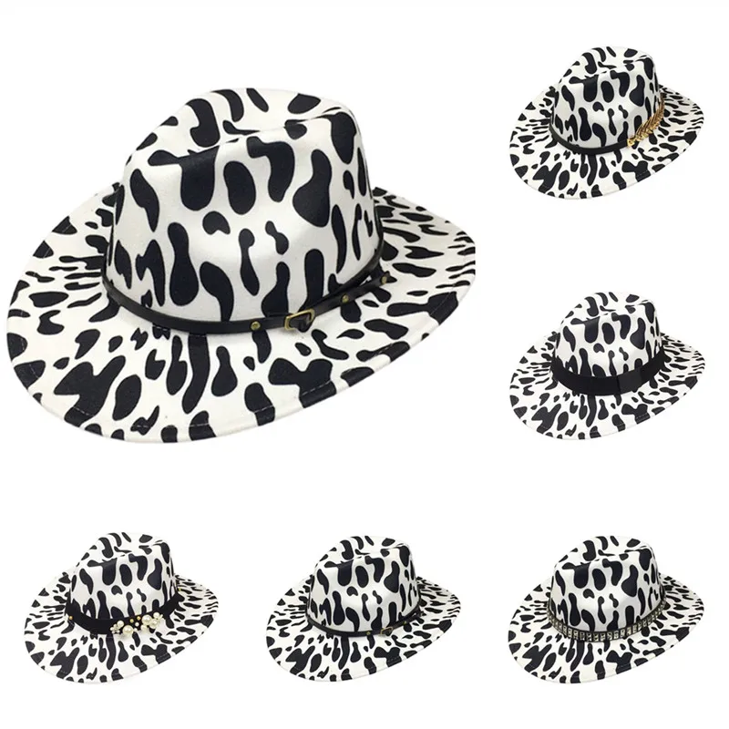 

Men Women Black white cow curlin Wide Brim Fedora Hat Church Derby Top Hat Panama Felt Fedoras Hat artificial style Jazz Cap