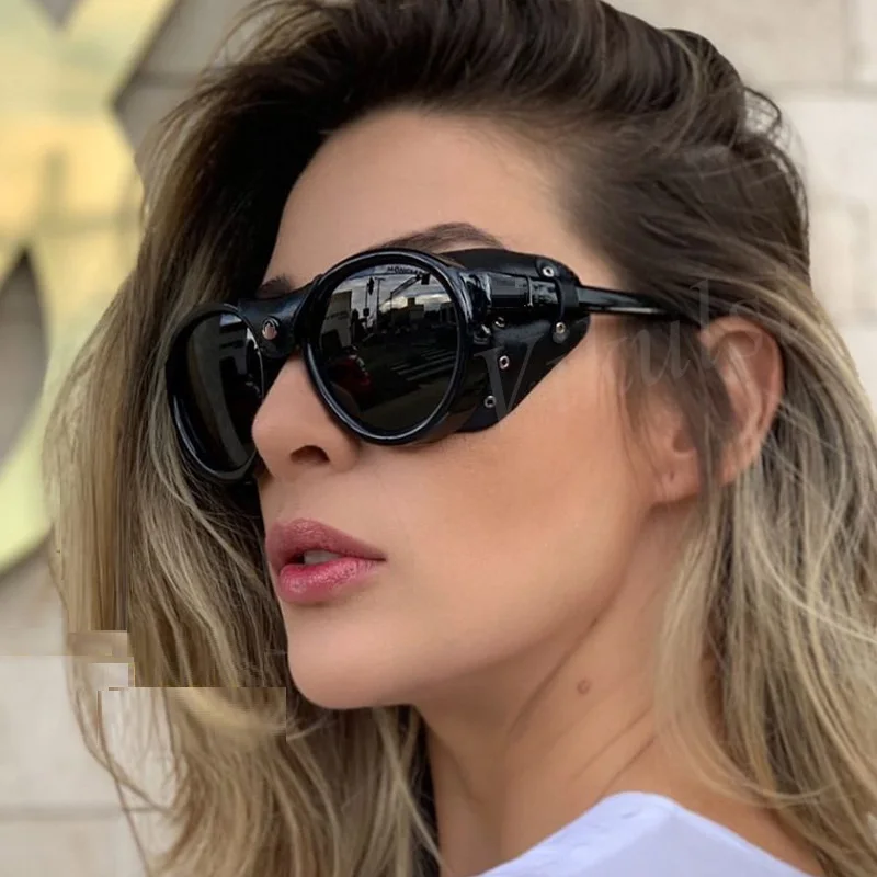 

New Luxury Shades Women Retro Steampunk Pilot Sunglasses High Quality Lether Rivet Side Shield Vintage Oversized Sunglasses Men