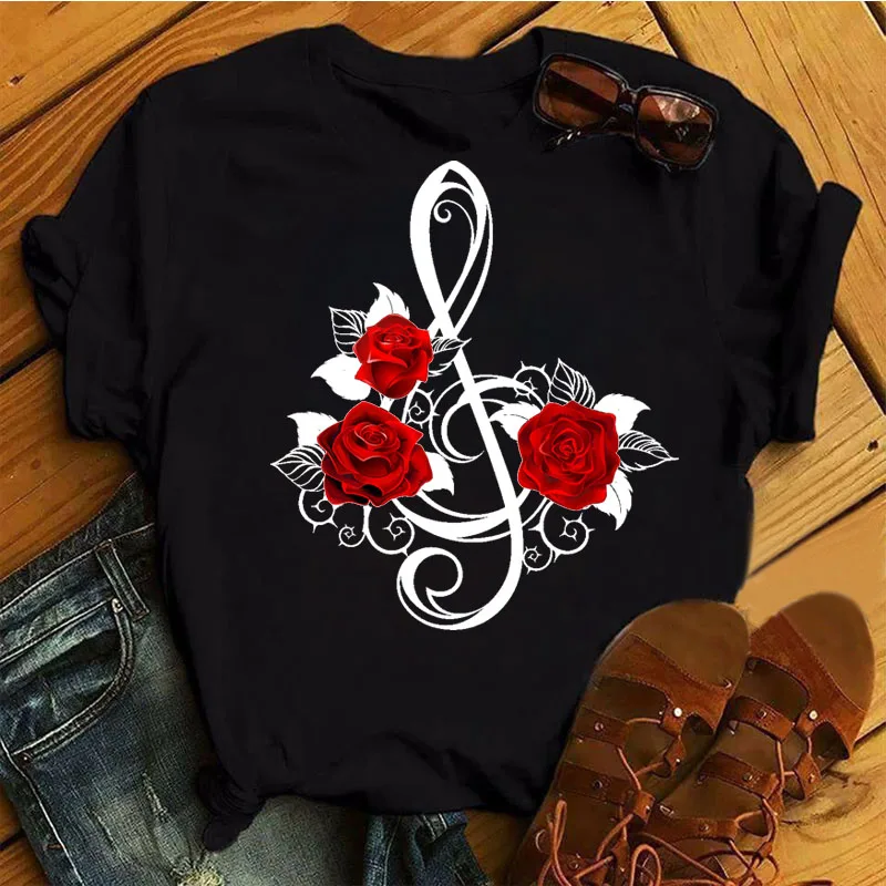 Новая модная женская черная футболка с принтом красной розы музыкальные ноты