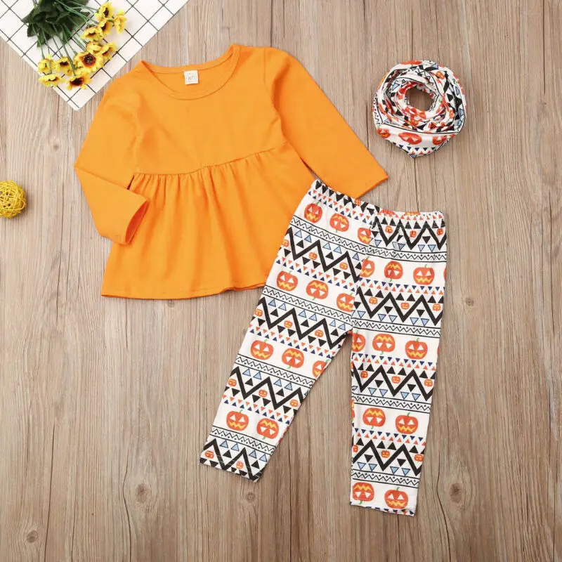 Fashion Toddler Baby Girls Halloween Clothes Set Tops Long Sleeve T-Shirt Stripe Pants Scarf Pumpkin Outfits Autumn 1-6T | Мать и ребенок