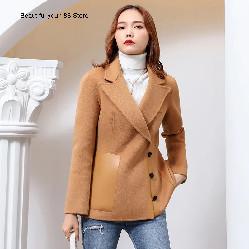 High end double sided cashmere coat women's short style fall winter 2020 new slim fit and leather pocket suit woolen coat
High end double sided cashmere coat women's short style fall winter 2020 new slim fit and leather pocket suit woolen coat