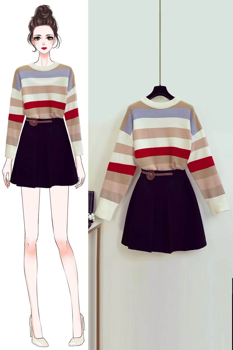 2019 New Female Loose Striped Knitted Pullover +A-line High Waist Black Skirt Women Two Pieces Suit Autumn Clothes Sets Students 
2019 New Female Loose Striped Knitted Pullover +A-line High Waist Black Skirt Women Two Pieces Suit Autumn Clothes Sets Students