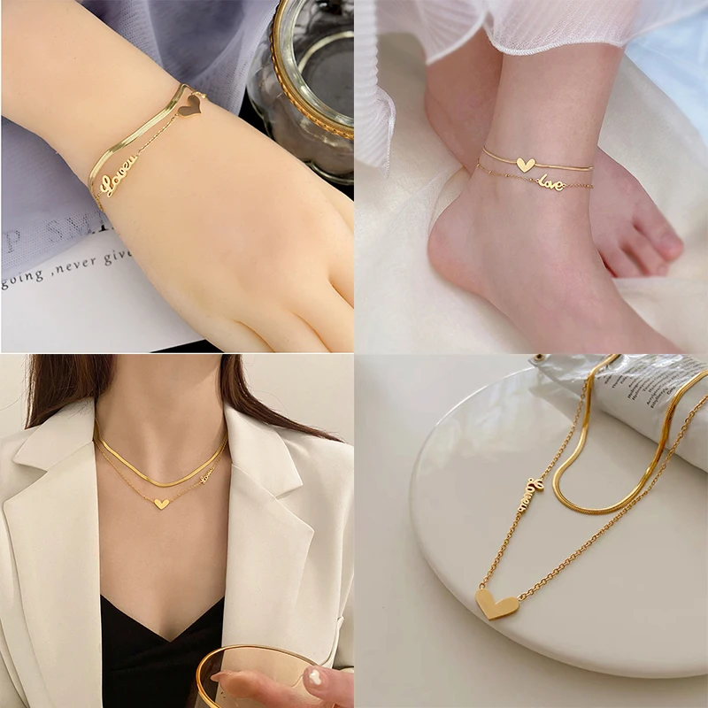 MEYRROYU Stainless Steel Romantic 2 Layer Heart Fashion Jewelry Set For Women Gold Color Necklace Bracelet 2021 Trend Party Gift
MEYRROYU Stainless Steel Romantic 2 Layer Heart Fashion Jewelry Set For Women Gold Color Necklace Bracelet 2021 Trend Party Gift