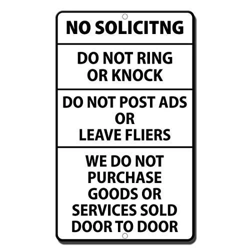 No Soliciting Do Not Ring/Nock Do Not Post Ads/Leave Fliers Warning Decorative Metal Sign for Road
No Soliciting Do Not Ring/Nock Do Not Post Ads/Leave Fliers Warning Decorative Metal Sign for Road