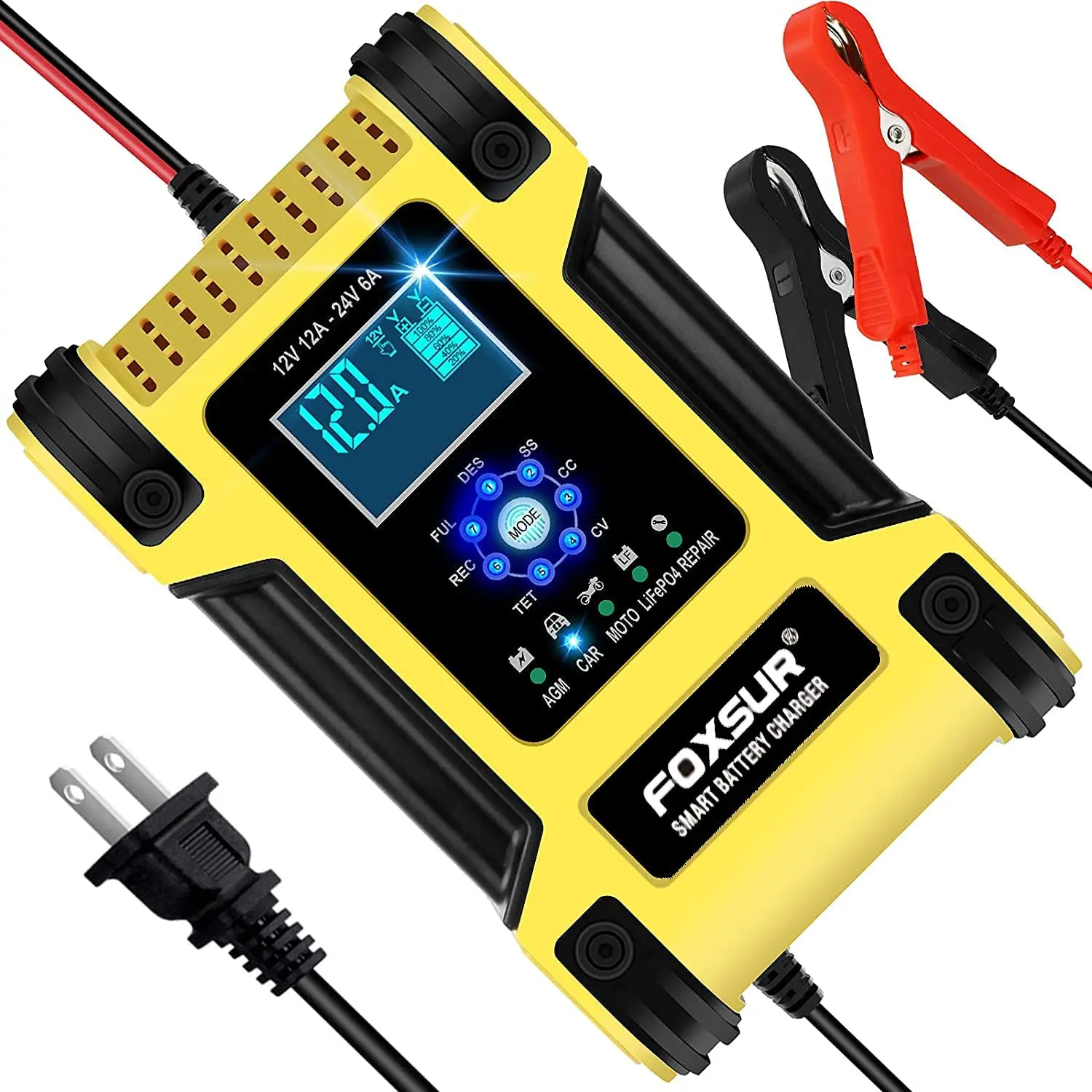 Large Power 12A Car Battery Charger Universal 12V 24V Battery Charger & Maintainer for SUV Truck Car AGM GEL WET Lithium LiFePO4 
Large Power 12A Car Battery Charger Universal 12V 24V Battery Charger & Maintainer for SUV Truck Car AGM GEL WET Lithium LiFePO4