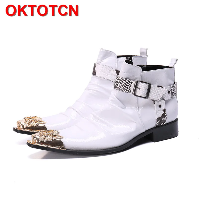 White Men Leather Formal Shoes Gold Pointed Toe Metal Buckle Straps Ankle Boots Zipper Snow Boots Plus Size 46 Mens Pointy Boots 
White Men Leather Formal Shoes Gold Pointed Toe Metal Buckle Straps Ankle Boots Zipper Snow Boots Plus Size 46 Mens Pointy Boots