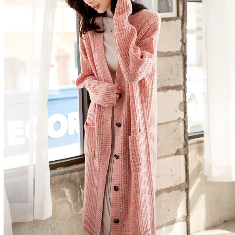Prairie Hollow Out High-Quality Cashmere Chic Knitted Long Cardigan Single Breasted Solid V-Neck Vintage Sweater Pink 
Prairie Hollow Out High-Quality Cashmere Chic Knitted Long Cardigan Single Breasted Solid V-Neck Vintage Sweater Pink