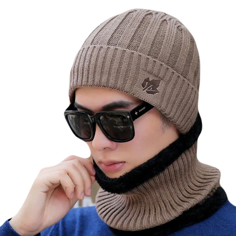 Winter Skullies Knitted Wool Beanies Men's Hat Sets Scarf Man Hip Hop cap Maple Leaf Plus Velvet Warm Hats For Men Hood | Аксессуары