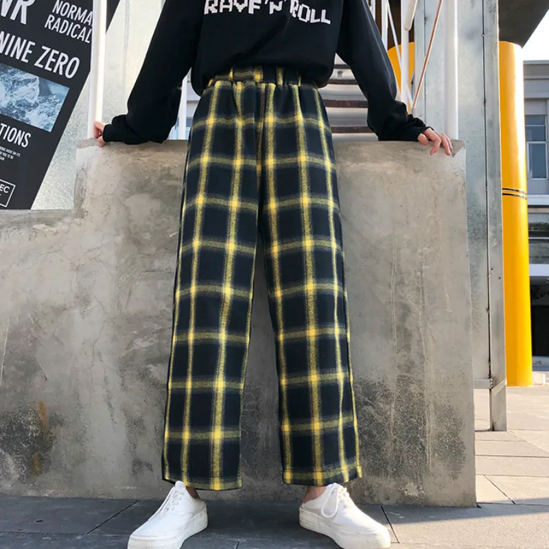 Vintage Black yellow Plaid Pants Womens Harajuku Elastic Waist Trousers Streetwear Casual Loose Females Pants straight
Vintage Black yellow Plaid Pants Womens Harajuku Elastic Waist Trousers Streetwear Casual Loose Females Pants straight