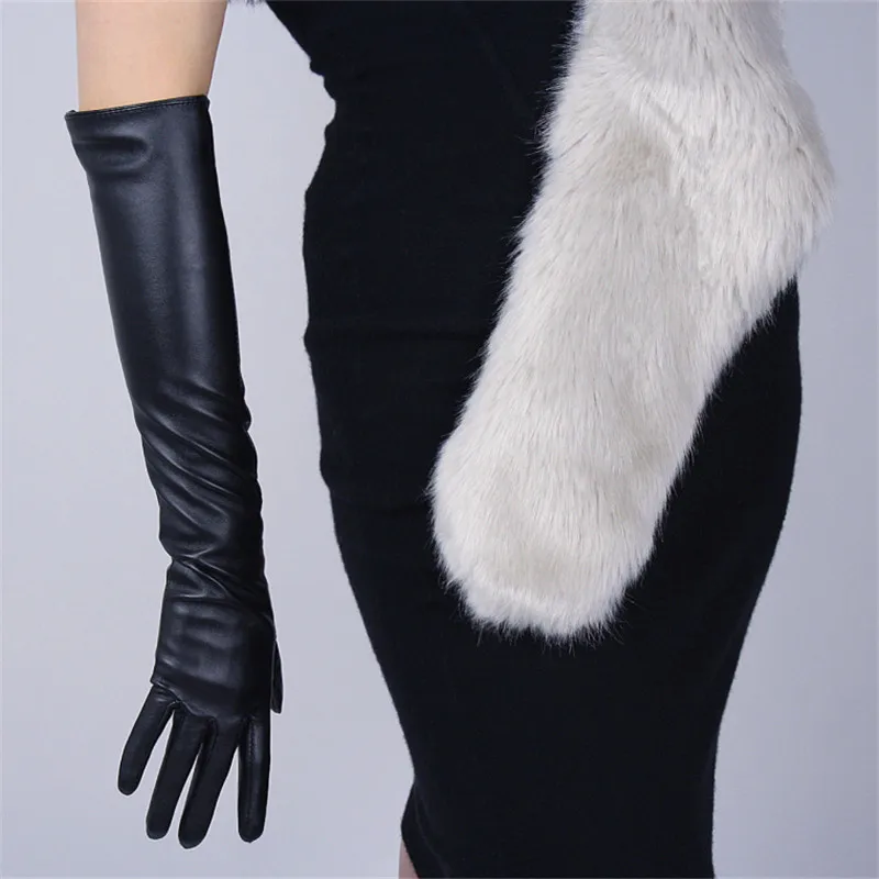 

Touchscreen Long Section Gloves 50cm 40cm Female Emulation Leather PU Black Warm Lined Touch Slim Hand Free Shipping