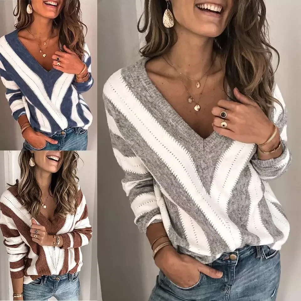 Women's Striped Sweater V-neck Knitted Jumper Women Sweater Knitted Sweater Women Sweater and Pullovers Striped Streetwear
Women's Striped Sweater V-neck Knitted Jumper Women Sweater Knitted Sweater Women Sweater and Pullovers Striped Streetwear