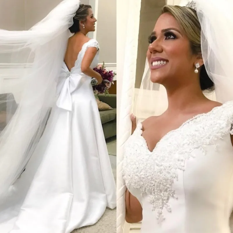 Elegant Satin Wedding Dresses 2021 vestido de noiva Off The Shoulder Wedding Gowns Applique Lace Open Back Bridal Dress Handmade
Elegant Satin Wedding Dresses 2021 vestido de noiva Off The Shoulder Wedding Gowns Applique Lace Open Back Bridal Dress Handmade