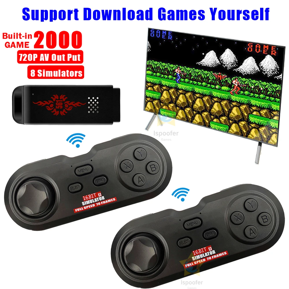 16BIT USB Wireless Handheld TV Stick Video Game Console Build In 2000 Classic Game Mini Retro Controller AV Output Dual Player
16BIT USB Wireless Handheld TV Stick Video Game Console Build In 2000 Classic Game Mini Retro Controller AV Output Dual Player