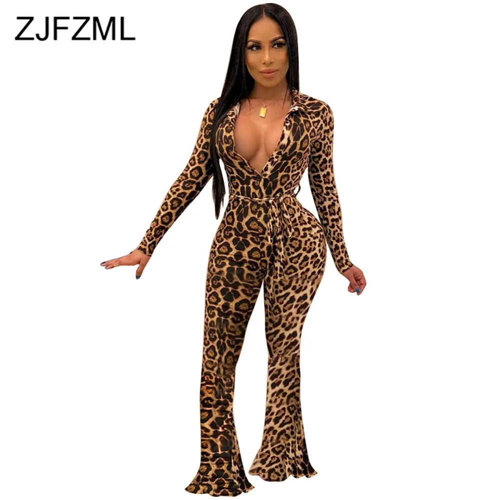 

Cheetah Leopard Spliced Rompers Womens Jumpsuit Deep V Neck Long Sleeve Party Clubwear Catsuit Streetwear Flare Bodycon Outfits